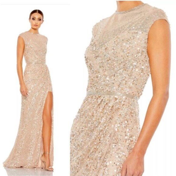 New Mac Duggal Size 8 Beige 5619 Embellished Illusion High Neck Cap Sleeve Gown - Picture 2 of 12